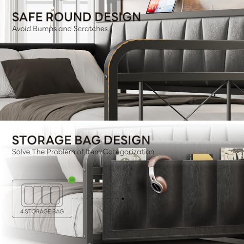 Daybed with Trundle Bed, Twin Bed Frame with Storage Headboard and Charging Station, Grey S3738