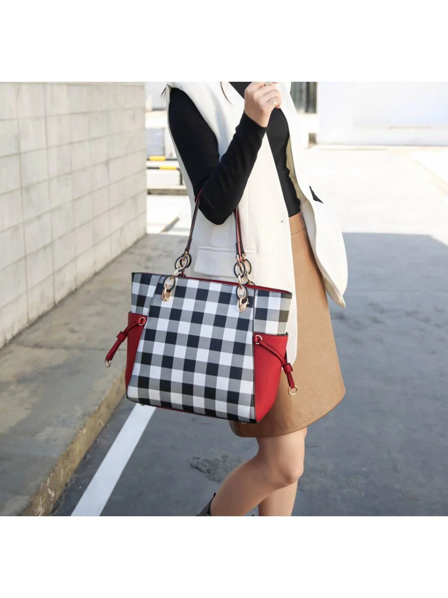 Checkered Tote Handbag with Wallet Z717