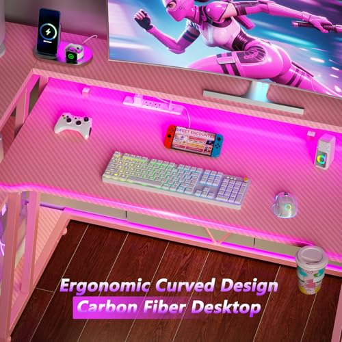 L Shaped Gaming Desk with Power Outlet and LED Lights Y52619