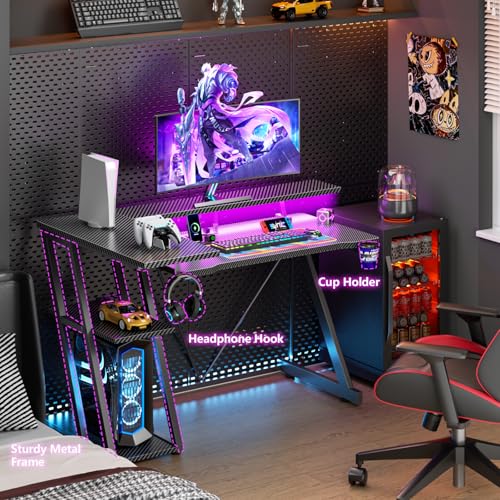 L Shaped Gaming Desk with Power Outlet and LED Lights Y52619