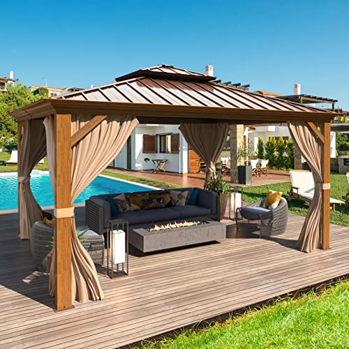12x16 ft Hardtop Gazebo with Double Roof, Curtains and Netting T94173