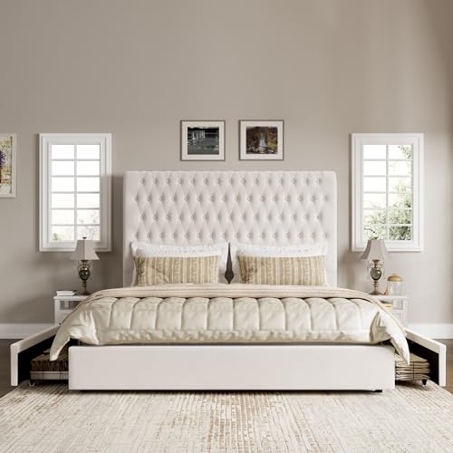 Velvet Upholstered King Bed Frame with Tall Headboard and Storage Drawers V8658