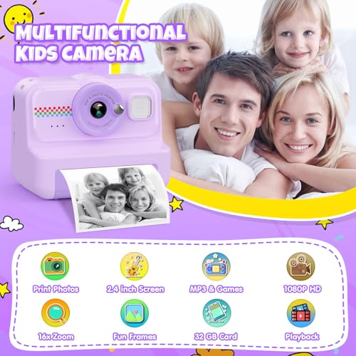 Kids Instant Print Camera 1080P HD with 3 Rolls Paper & 32GB Card U8422
