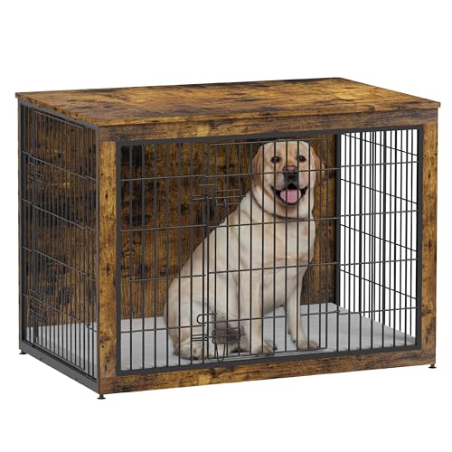 Dog Crate Furniture with Cushion, Heavy-Duty Metal Mesh, Wooden End Table with Double Doors, Indoor Kennel for Small Breed, Grey M3321