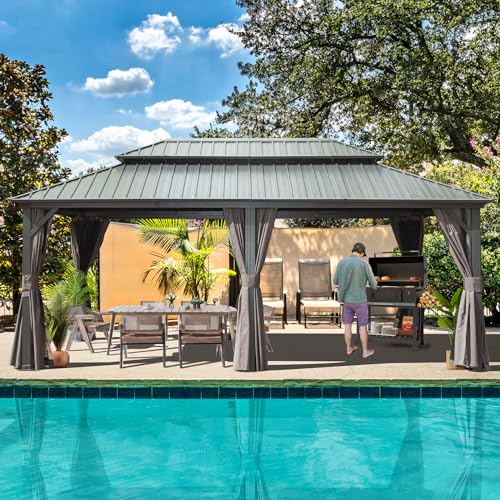 10 x 10 ft Hardtop Gazebo with Netting and Curtains, Galvanized Steel Roof for Patio K80436