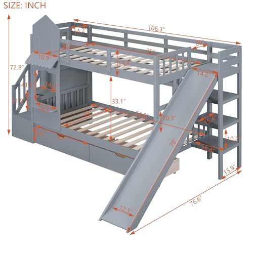 Twin Over Twin Bunk Bed with Stairs and Slide, Solid Wood Frame with Storage B8483