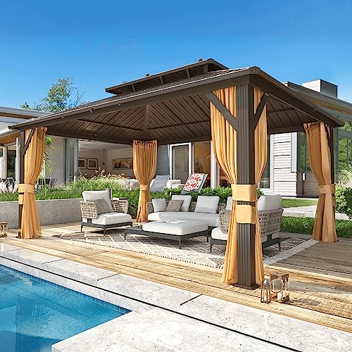 10x13 Hardtop Gazebo with Polycarbonate Double Roof, Aluminum Frame, Curtains and Netting S2701