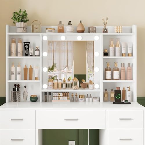 Vanity Desk with Mirror and Lights, 9 Drawers, 6 Open Shelves, Adjustable Brightness, White J50562