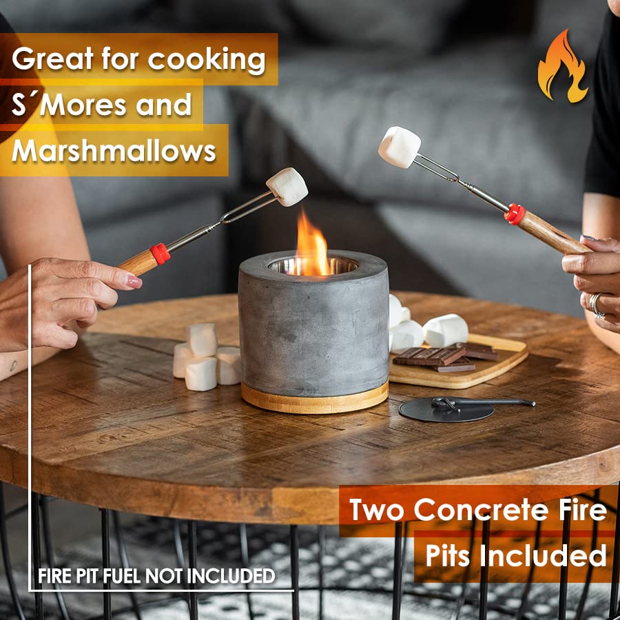 Concrete Tabletop Fire Pit with Bamboo Base and Roasting Forks A8178