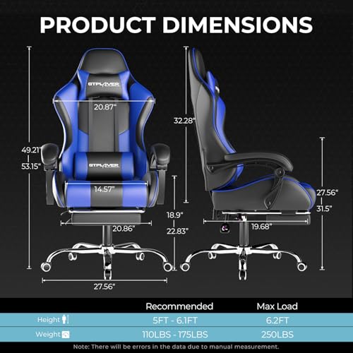 Gaming Chair with Footrest and Lumbar Support, Height Adjustable, Blue Y9034