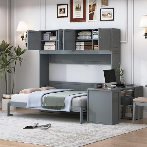 Twin Murphy Bed with Closet, Drawers & Desk, White Q211