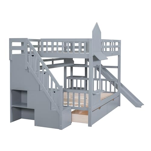 Kids Bunk Bed with Stairs and Slide, Twin Over Twin, Gray O540