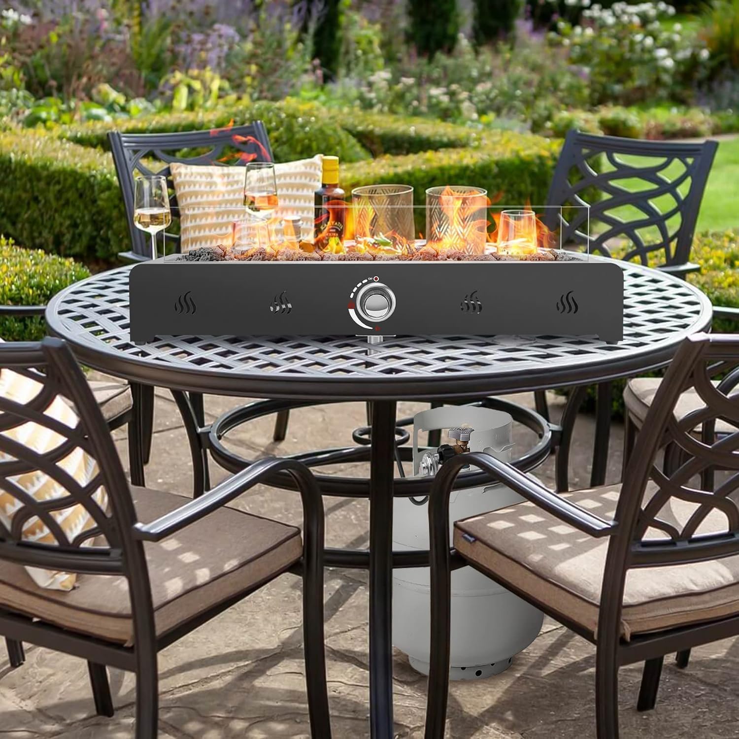 28 Inch Tabletop Gas Fire Pit with Glass Wind Guard and Lava Rock V462502