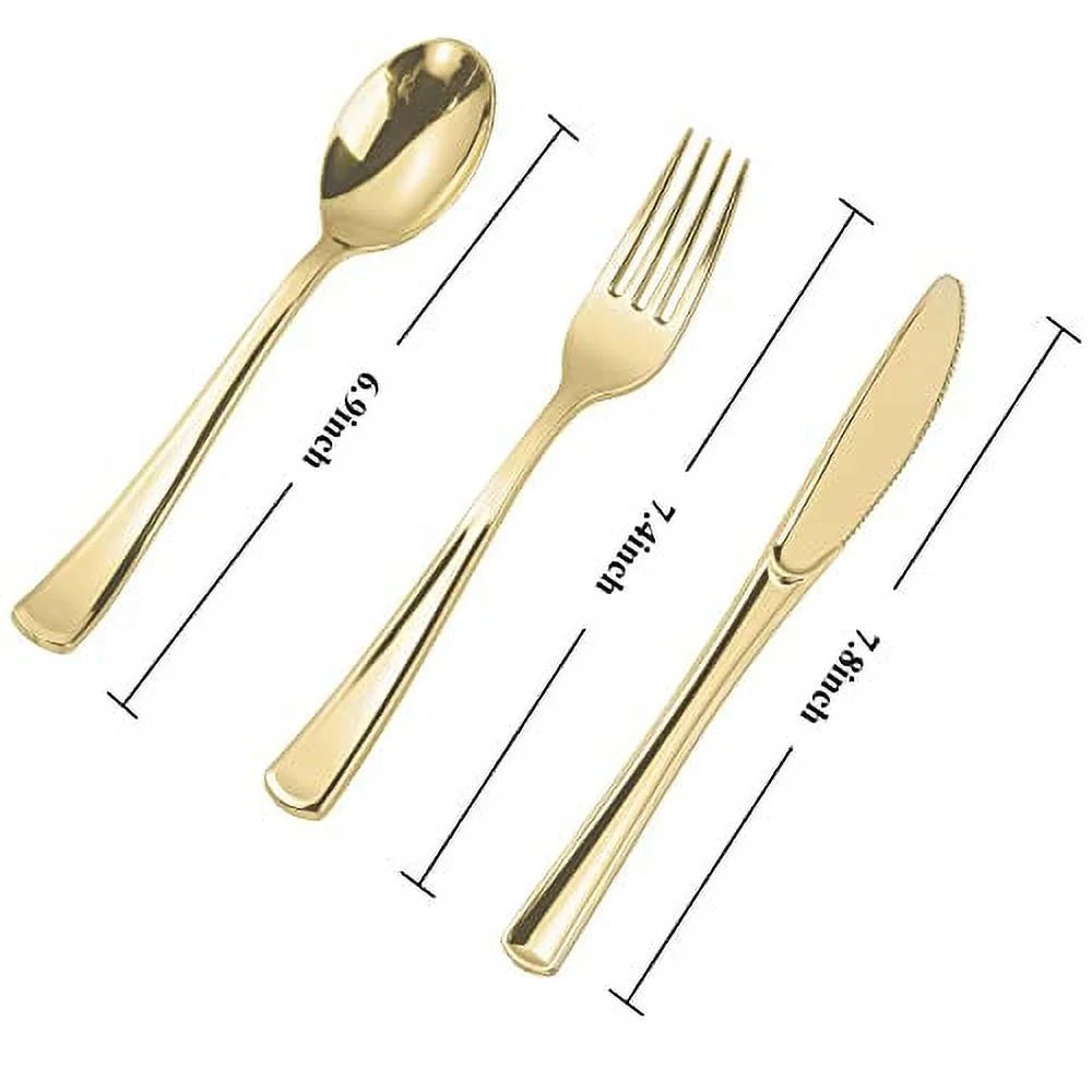 Gold Plastic Cutlery Set Disposable Flatware for Party S519750