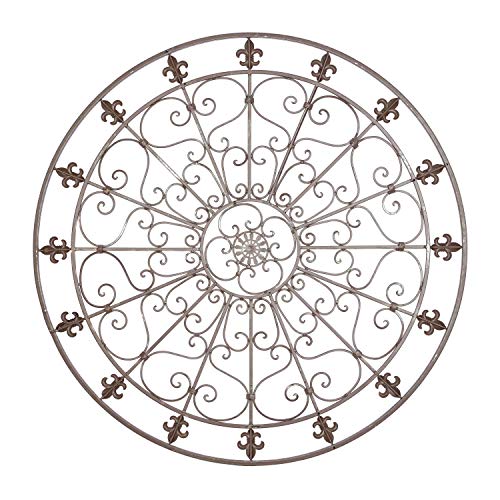 Metal Fleur De Lis Wall Decor Circle Sculpture with Scrollwork, Black W704356
