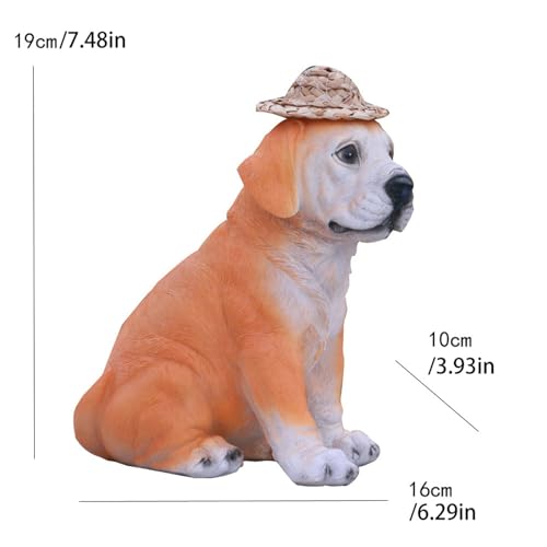 Resin Dog Statue with Straw Hat and Solar Lantern for Garden Yard Decor M4436