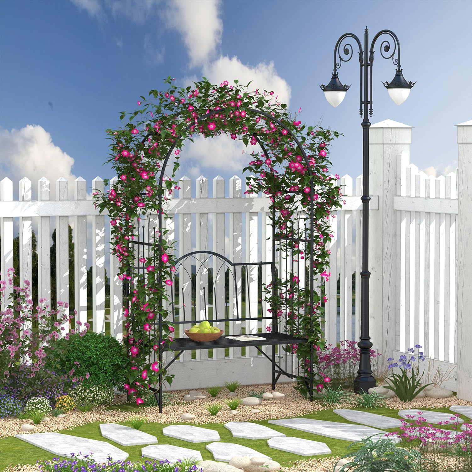 Metal Trellis Arbor Arch with Garden Bench for Climbing Plants Z662940