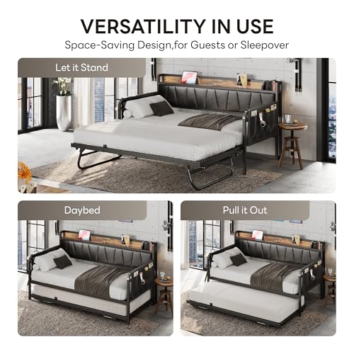 Daybed with Trundle Bed, Twin Bed Frame with Storage Headboard and Charging Station, Grey S3738