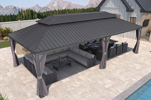 10' x 14' Permanent Hardtop Gazebo with Galvanized Steel Double Roof, Curtains and Netting Included M871