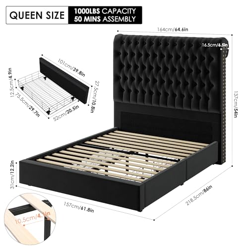 Velvet Upholstered King Bed Frame with Tall Headboard and Storage Drawers V8658