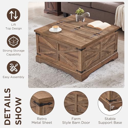 Farmhouse Lift Top Coffee Table with Storage, 36" Wood Square Center Table, Light Brown V399