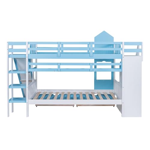 Twin Over Twin Bunk Bed with Stairs and Slide, Solid Wood Frame with Storage B8483