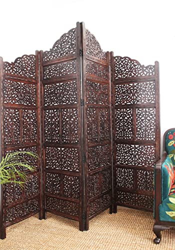 4 Panel Folding Wood Room Divider, Antique Brown, 72 x 80 P209