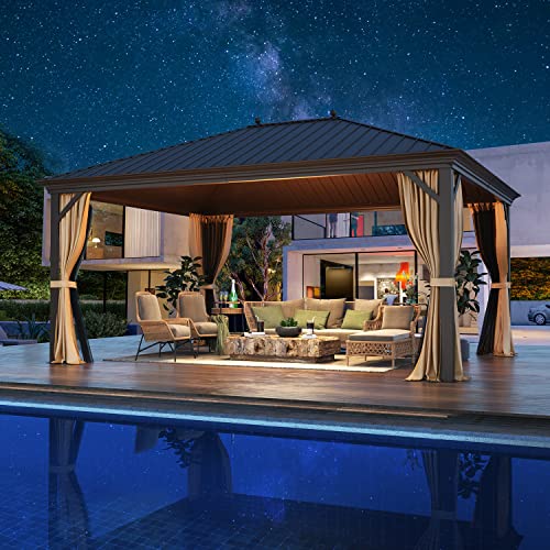 12x16 ft Hardtop Gazebo with Double Roof, Curtains and Netting T94173