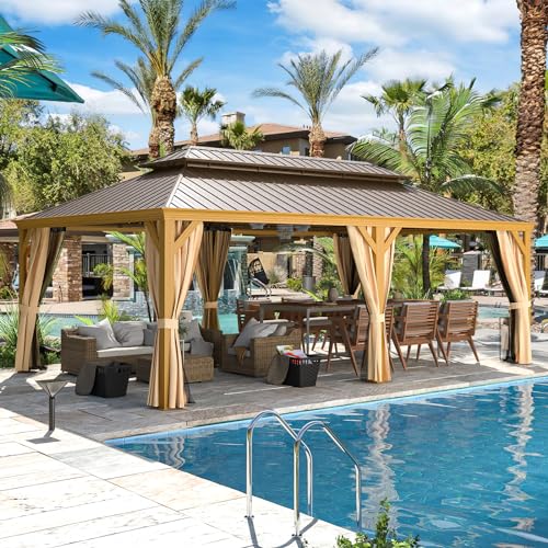 12x16 ft Hardtop Gazebo with Double Roof, Curtains and Netting T94173