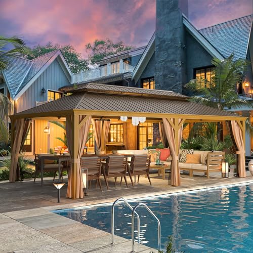 12x16 ft Hardtop Gazebo with Double Roof, Curtains and Netting T94173