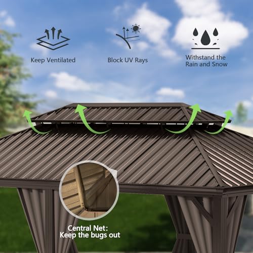 10 x 10 ft Hardtop Gazebo with Netting and Curtains, Galvanized Steel Roof for Patio K80436