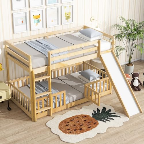 Twin Over Full Size Wooden Bunk Bed with Slide and Storage Stairs N394