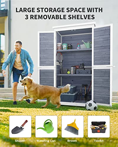 Outdoor Storage Cabinet with 3 Shelves, Double Lockable Wooden Garden Shed D368978