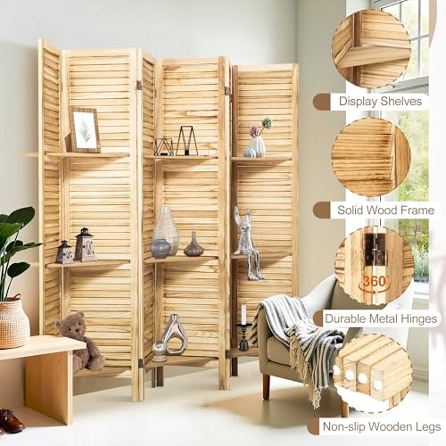 6 Panel Wooden Room Divider with Shelves P850285