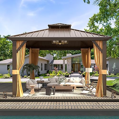10x13 Hardtop Gazebo with Polycarbonate Double Roof, Aluminum Frame, Curtains and Netting S2701
