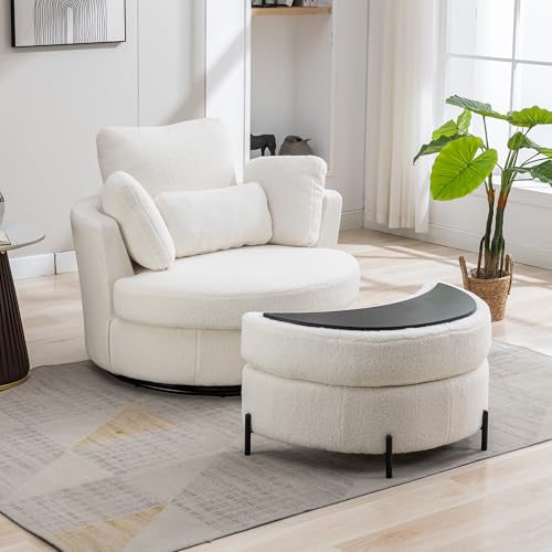 Oversized Swivel Barrel Chair with Ottoman, Chenille, Beige M813
