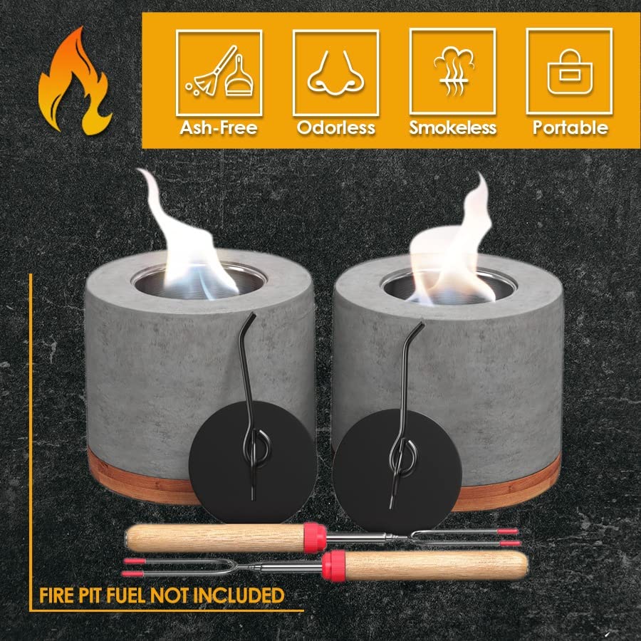 Concrete Tabletop Fire Pit with Bamboo Base and Roasting Forks A8178