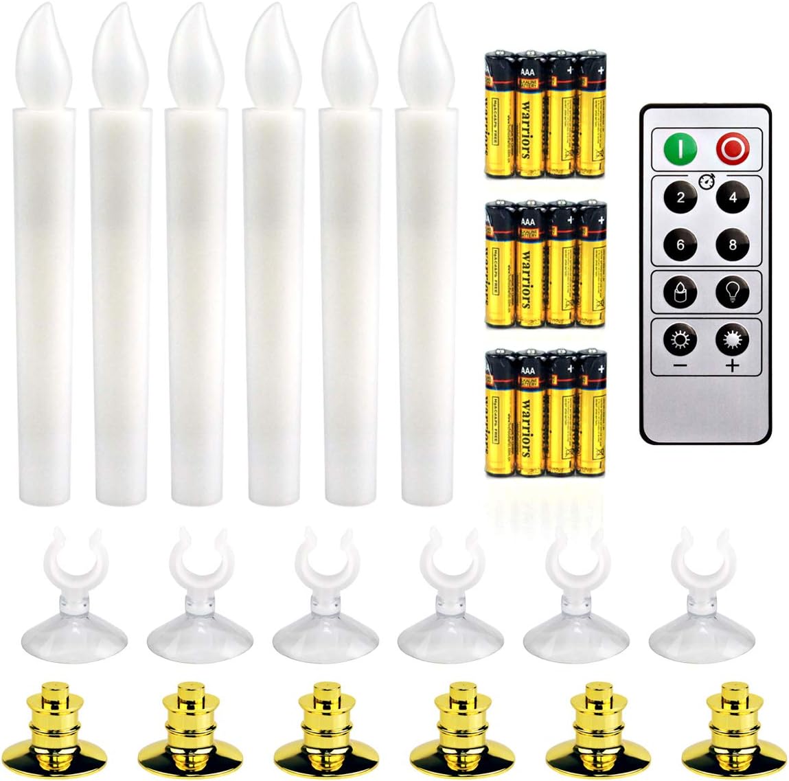 6 Pack Christmas Window Candles with Timer, LED Flameless Taper Lights, Gold Holders & Suction Cups M452