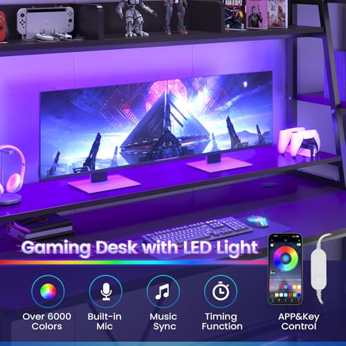 Gaming Desk with LED Lights, Hutch and Storage Shelves, Black O742