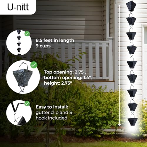 Rain Chain for Gutters, 8.5 FT Metal Black, Powder Coated Square Cups H785194