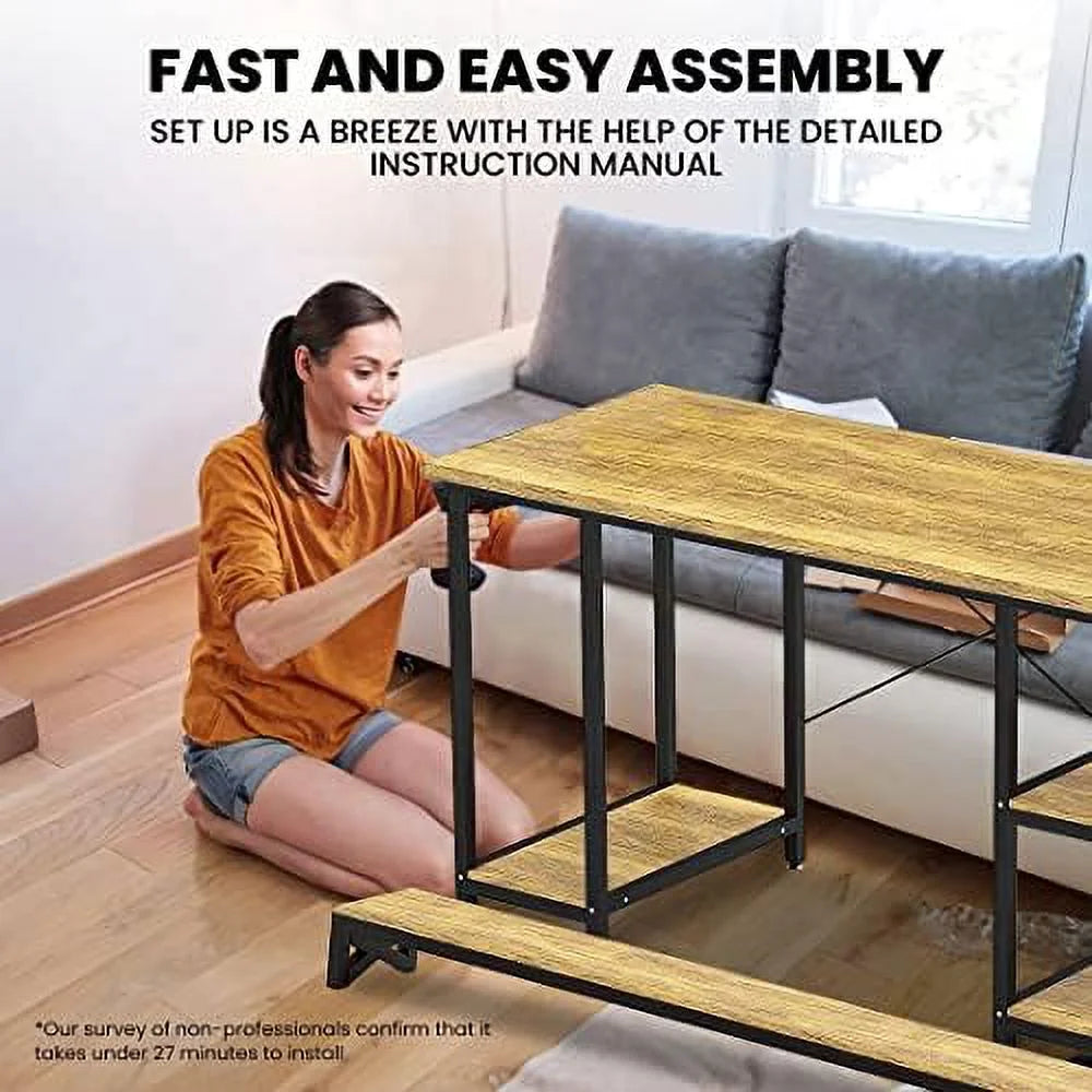 Industrial Computer Desk with Monitor Shelf, 55 Inch, Walnut and Black O381