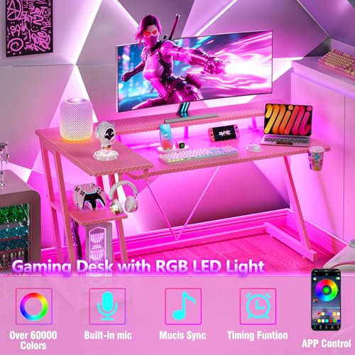 L Shaped Gaming Desk with Power Outlet and LED Lights Y52619