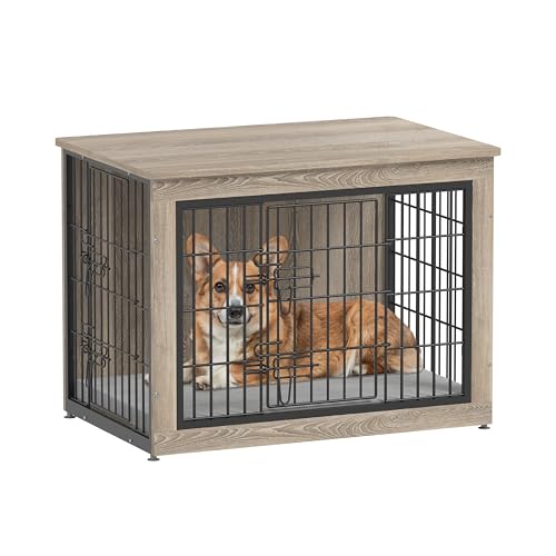 Dog Crate Furniture with Cushion, Heavy-Duty Metal Mesh, Wooden End Table with Double Doors, Indoor Kennel for Small Breed, Grey M3321
