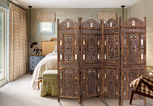 4 Panel Folding Wood Room Divider, Antique Brown, 72 x 80 P209