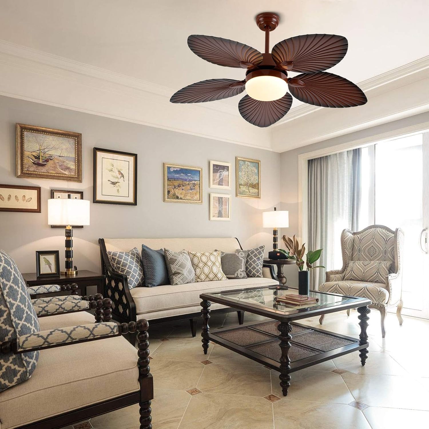 Tropical Ceiling Fan with LED Light, 52 Inch Palm Leaf Blades, Remote Control F295