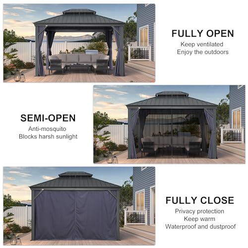 10' x 14' Permanent Hardtop Gazebo with Galvanized Steel Double Roof, Curtains and Netting Included M871