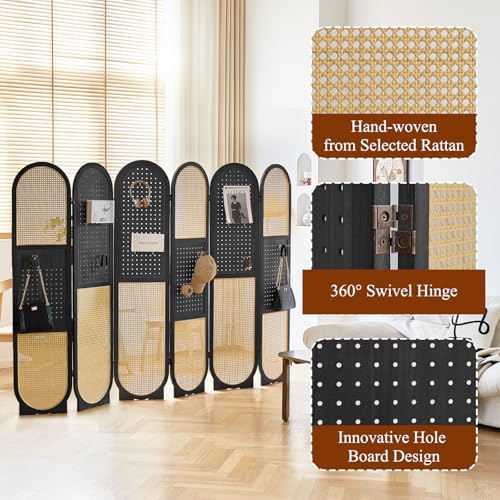Wooden Pegboard Room Divider with Folding Privacy Screen, 5.6Ft, Light Brown D937870