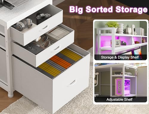 Large L Shaped Gaming Desk with Hutch and Drawers, 64" Reversible Computer Desk with Storage Shelves, Monitor Stand and LED Light for Home Office, Power Outlets, White V6783