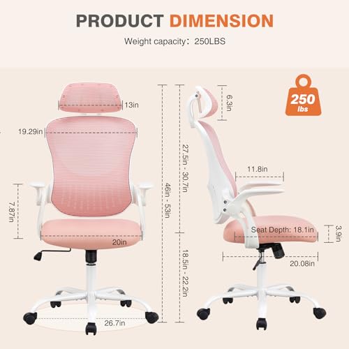 Ergonomic High-Back Mesh Rolling Desk Chair with Adjustable Headrest, Pink S9181