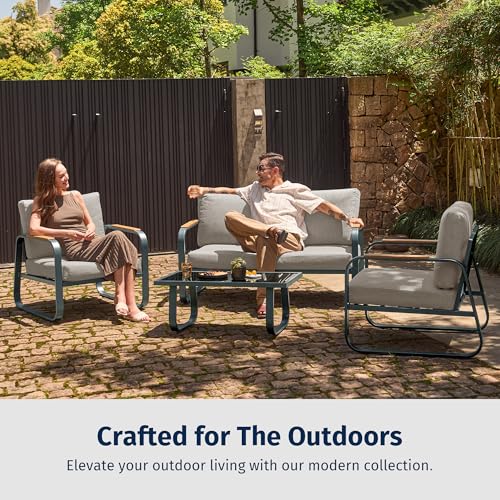 4-Piece Outdoor Patio Furniture Set with Sofa and Tempered Glass Table B6490
